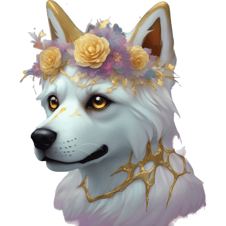 iridescent kintsugi fluffy zombie dog fox head zombie skull skeleton gold mechanical nebula galaxy stars colorful flowers fairy lights vintage emoji