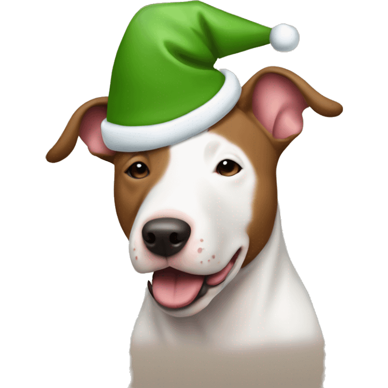 All brown bull terrier wearing a Christmas hat emoji