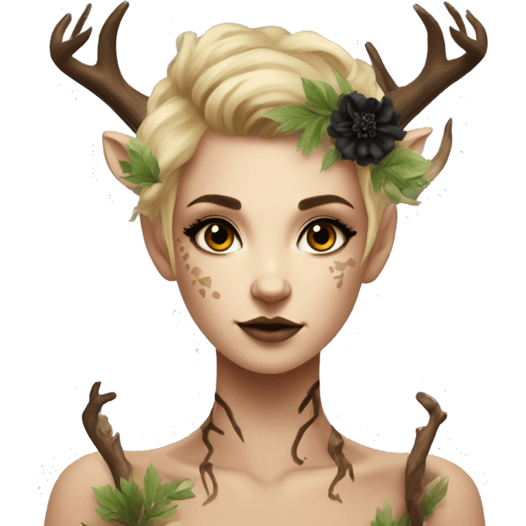 Forest Faun with deer horns and black flower tattoos, female, beautiful, desirable, blonde emoji