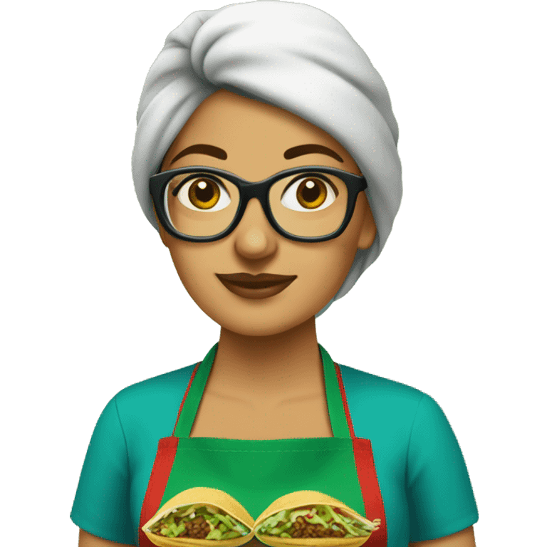 mexican lady green apron  with glasses cooking tacos emoji