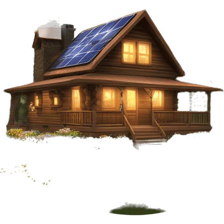 Skywalker Cabin is a clean Very big Wood Cabin near tree on the mountain in the background. with fancy solar arrays on top. The cabin sits on thick grass fields. porch lights on ,guests on porch smoking cigarettes, springtime flowers and bushes nearby emoji