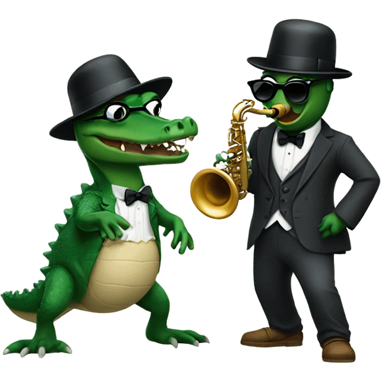 Gator with sunglasses and a bowler hat playing the saxophone and dancing emoji