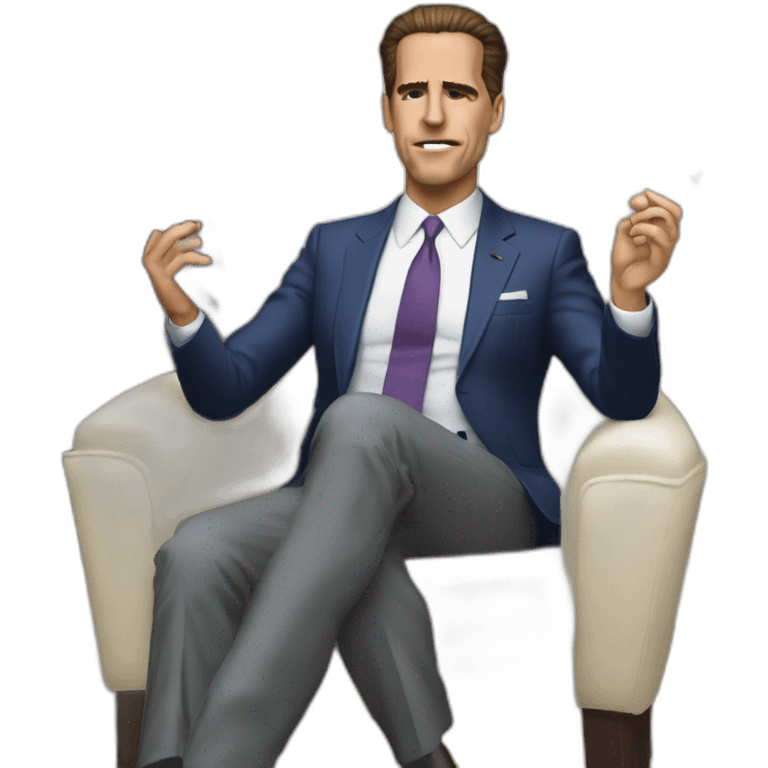 hunter biden wearing only a bikini sitting in a chair acting out the basic instinct scene (full body, apple ios17) smoking a clear pipe emoji