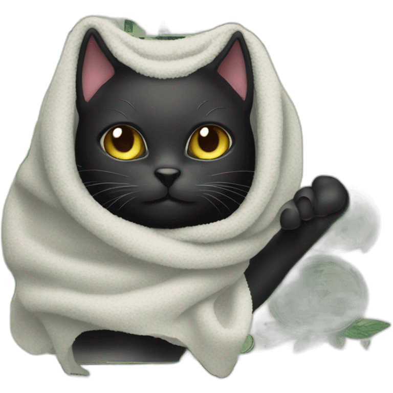 black cat with a towel on his head and a dollar bill emoji