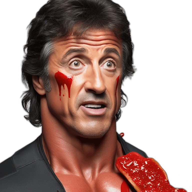 Sylvester Stallone Rambo covered in red paint eating chocolate in a primary school emoji