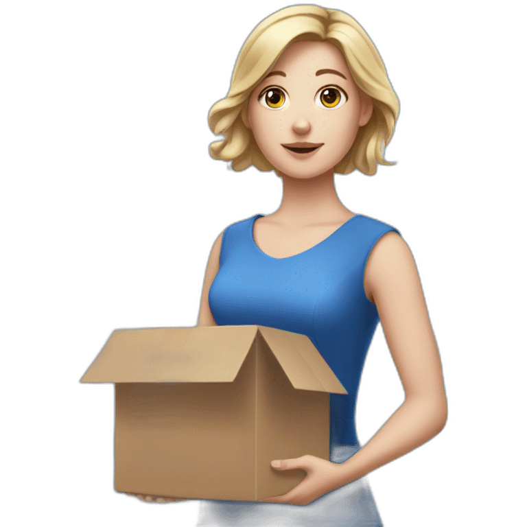 realistic white girl in a blue dress holding a box with effort emoji