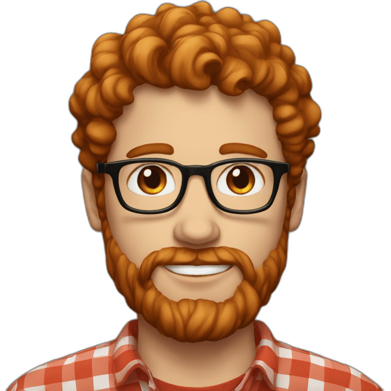 man around 25 with blue eyes with redhead short mid-curly hair. with beard and glasses. scarlet checked shirt emoji