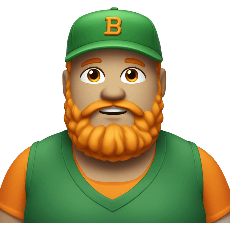 fat man with orange hair and large beard. Green baseball cap and confident. smug expression with a slight smirk and half-closed eyes. emoji