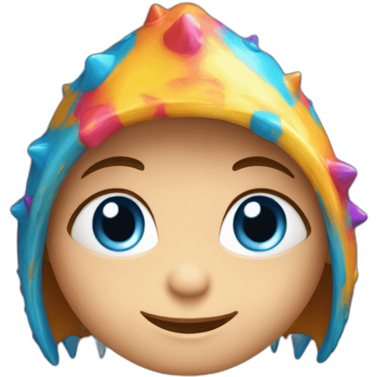 blue eyed todler with colorfull spikes hat emoji