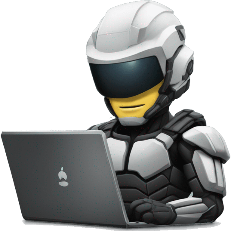 Side view developer behind his laptop with this style: Crytek Crysis Video game with character on the theme of hackers nanosuit Swift programming language emoji