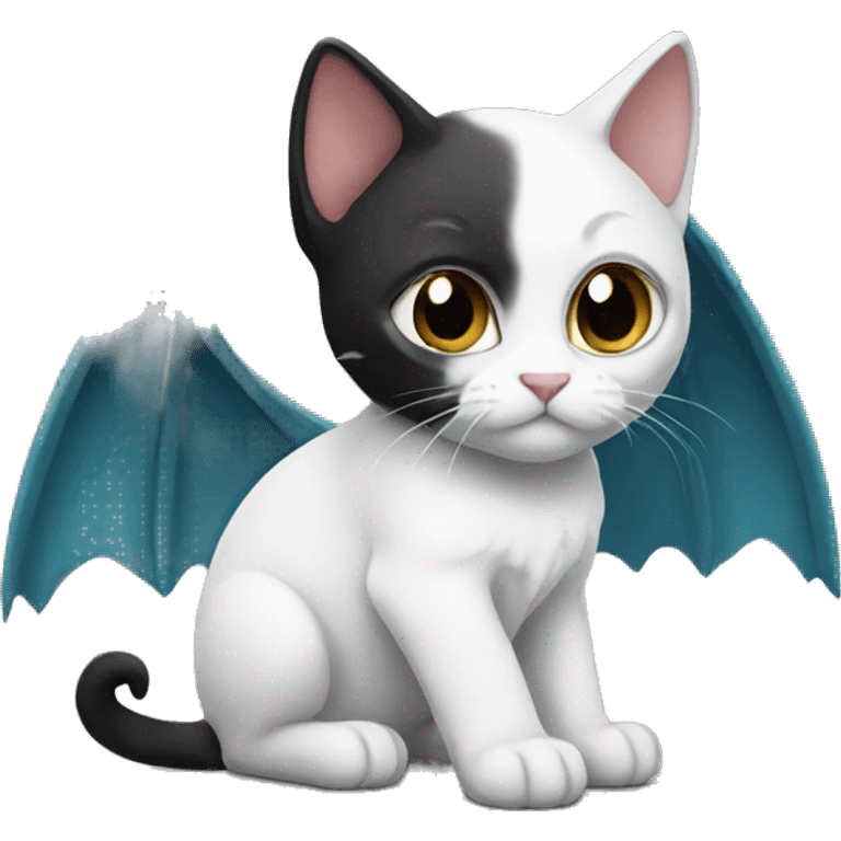 Small white and black kitten with dragon wings emoji