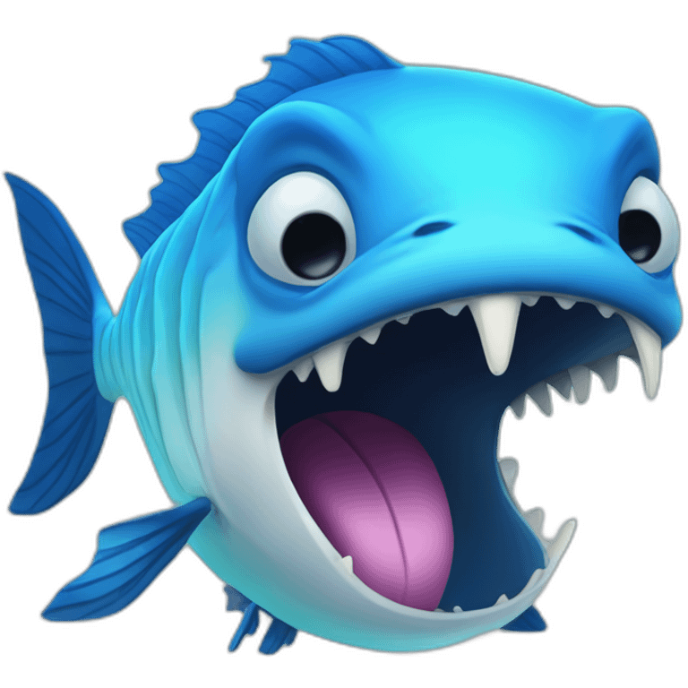 dark blue magic fat thing with a cyen face and a cyan fish fin and a open mouth and big teeth emoji