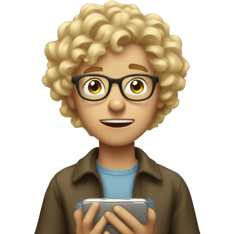 boy with glasses and blonde a little curly hair screams at phone emoji