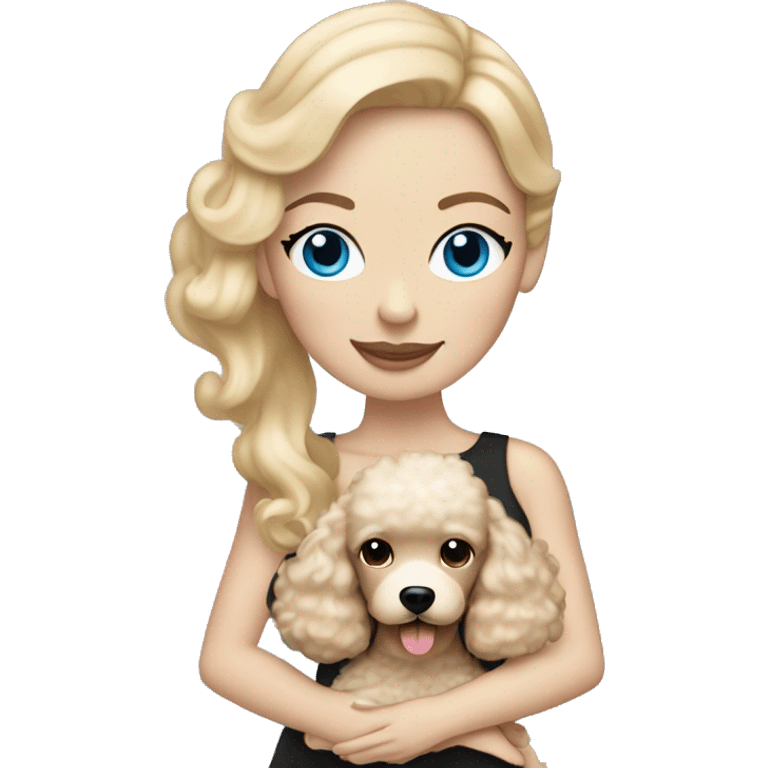 woman with straight blonde hair and blue eyes is holding a cream poodle  emoji