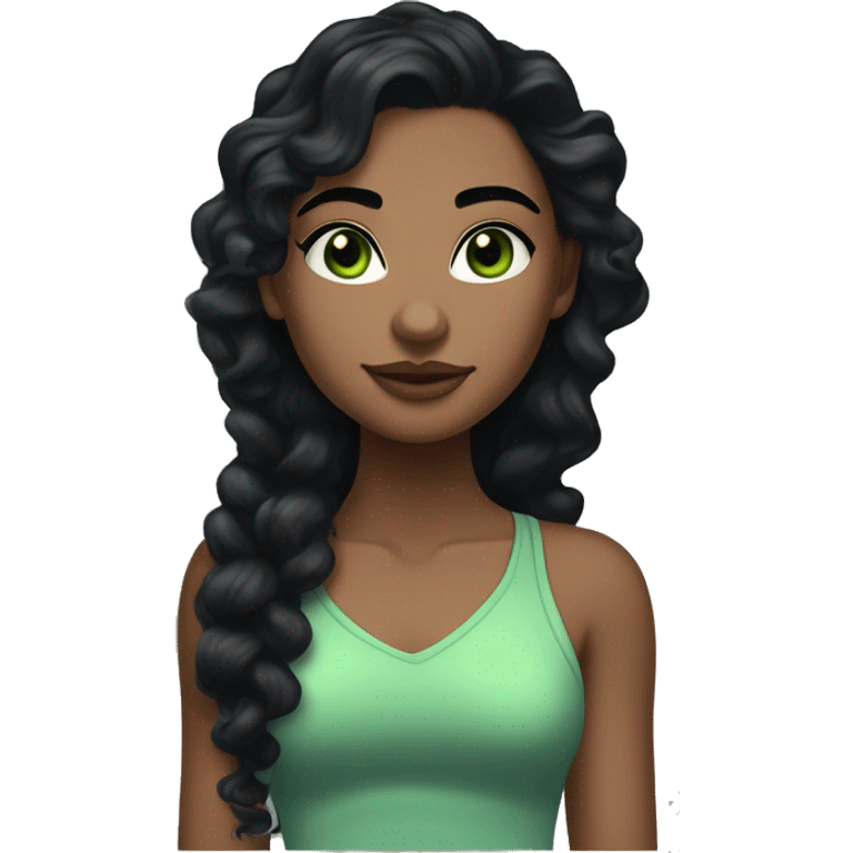 long curly black hair,eyes with a hint of green, eyes positive  canthal tilt ,medium thick shaped eyebrows , and medium thin lips, round face shape, soft jawline, full body, teen, sensual, american emoji