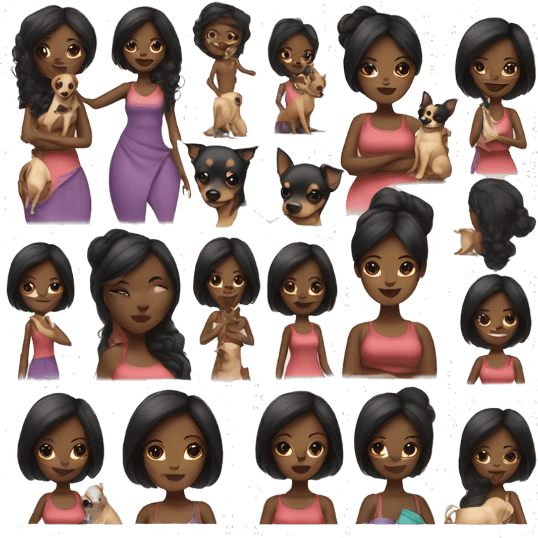 A curvy African American woman with dark skin and straightened black hair holding a black and brown chihuahua  emoji