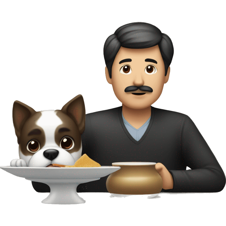 A Chinese man with mustache with a plate in front of him on a table. there is a dog on the table emoji