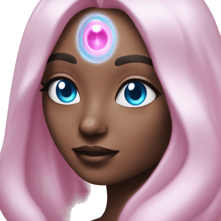 magical diva with thin pink andromedan skin long hair and blue eyes glowing third eye emoji