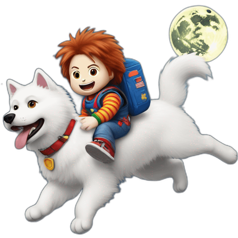 Chucky on a Samoyed flying to the moon emoji