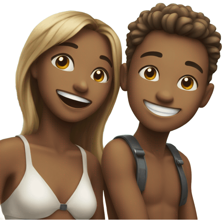 A boy and girl sharing a grin on the beach emoji