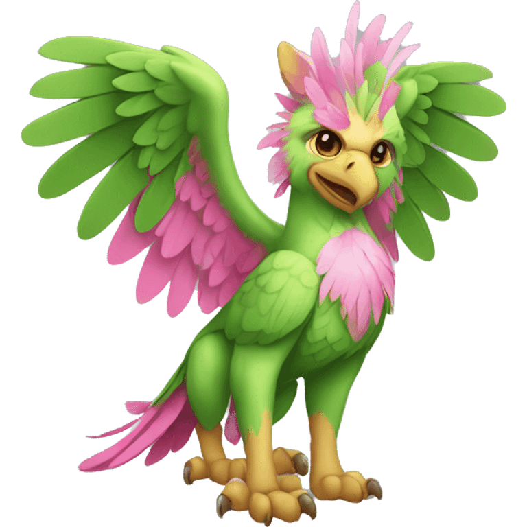 Full-body green gryphon with pink wings and pink tail-feathers emoji