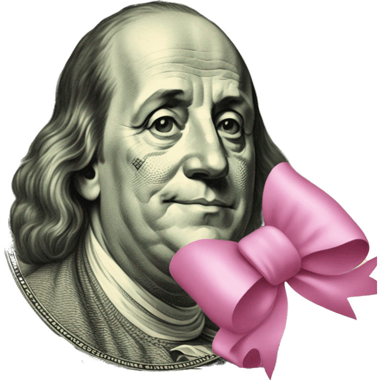 dollar with a pink bow on benjamin franklin and he’s winking  emoji