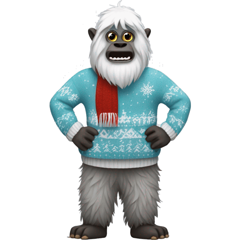 The full body of a yeti wearing a sweater that is Christmas themed  emoji