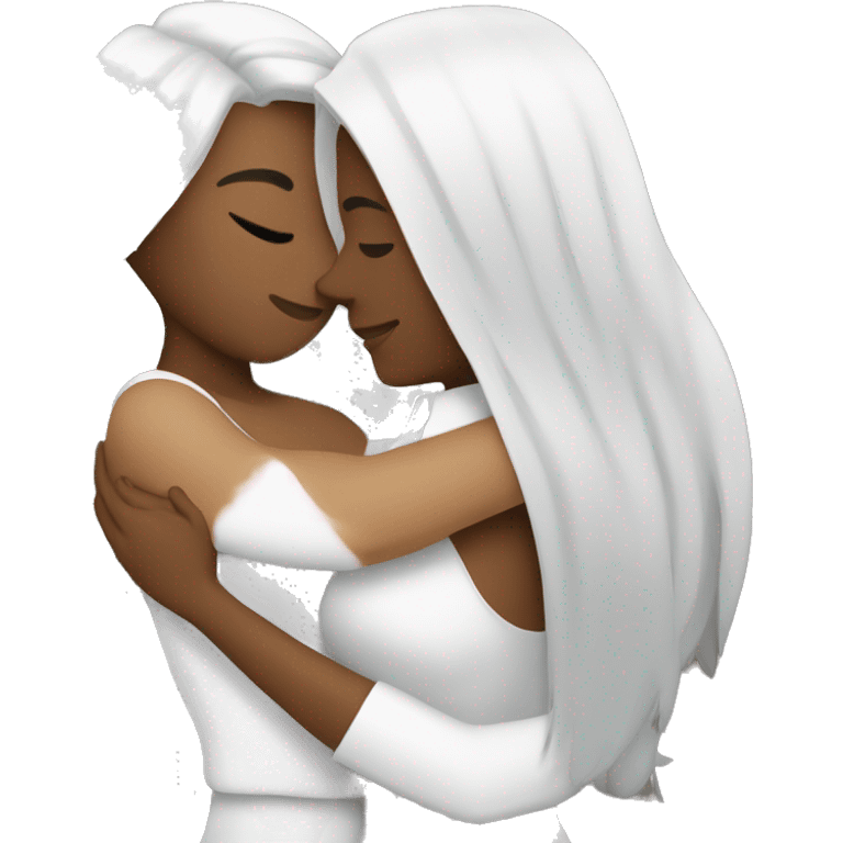 A lesbian couple with white skin and long black hair hugging intimately emoji