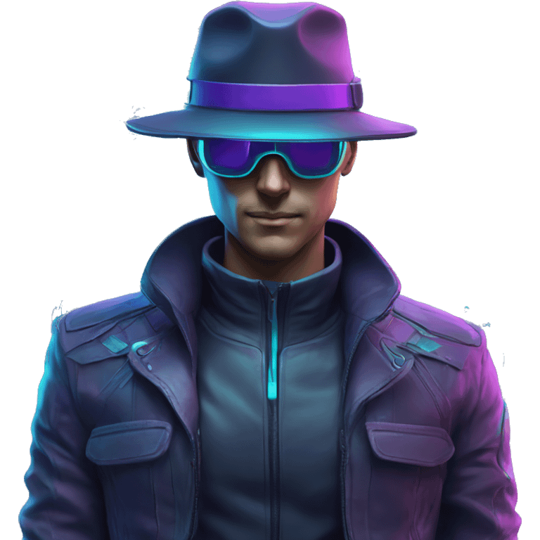 Secret human agent in a hat with  cyberpunk elements in VR googles scanning looking reviewing multicolor lines of code, cyan and purple colors, only upper body portrait emoji