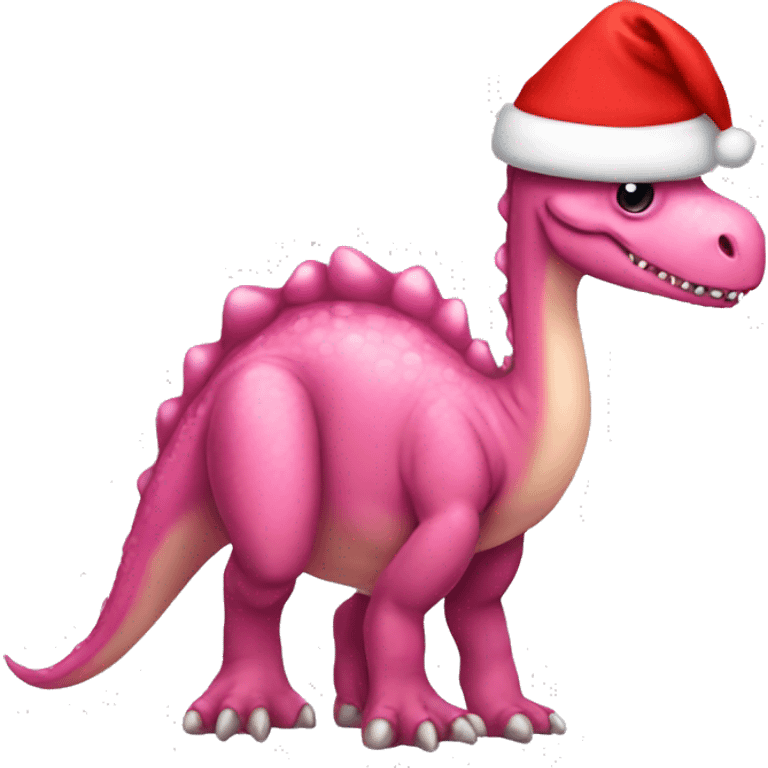 Pink Dino wearing a red bow and Santa hat emoji