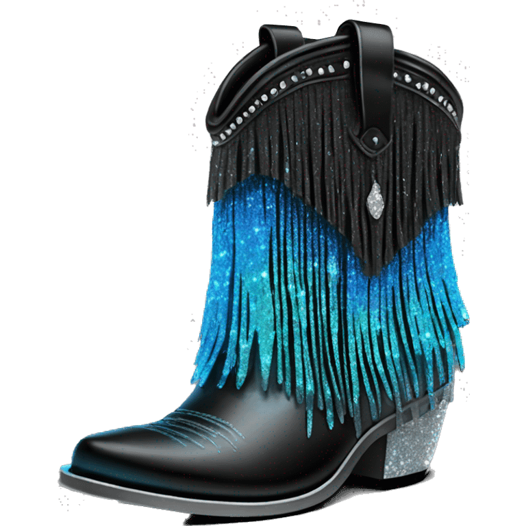 Realistic short neon blue to black ombre fashion cowgirl boot with sparkly shiny glitter fringe on them. emoji