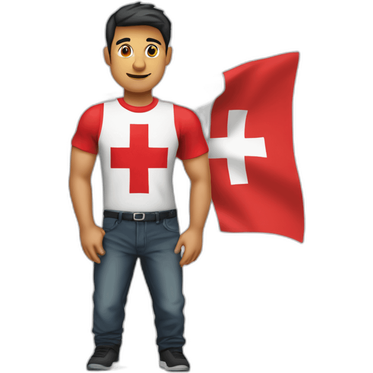 hombre con una remera con la bandera suiza que se lo note muy enfermo emoji