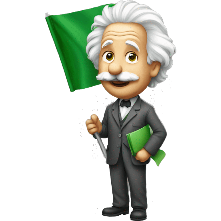 happy albert einstein holding green flag in one hand emoji