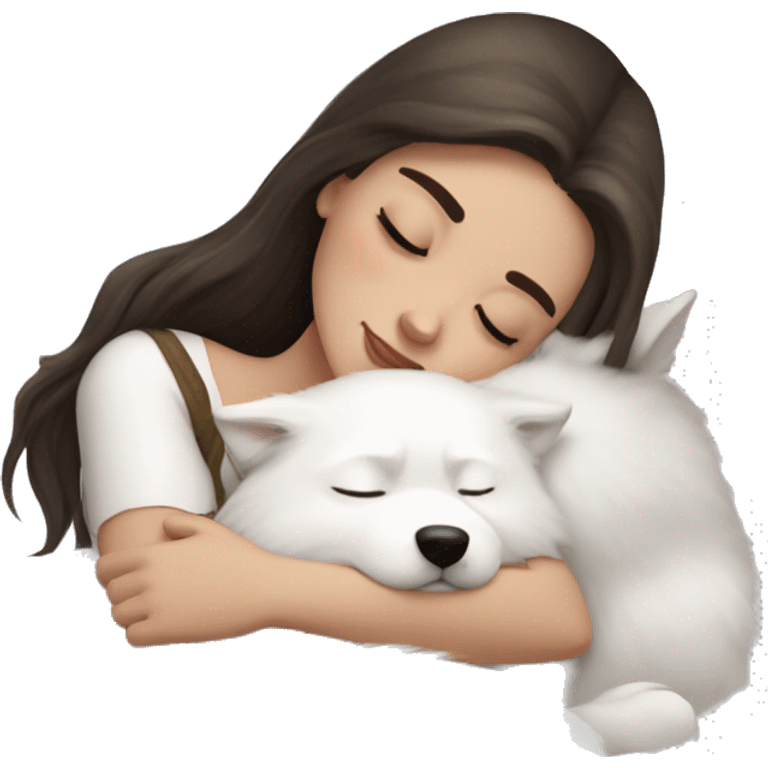 Brunette pale girl sleeping with Samoyed emoji