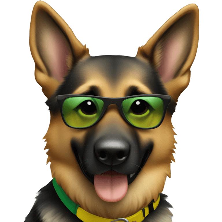 Slim weak german shepherd with green-yellow belt and full black sunglasses and hair colour gray and a little brown near mouth emoji