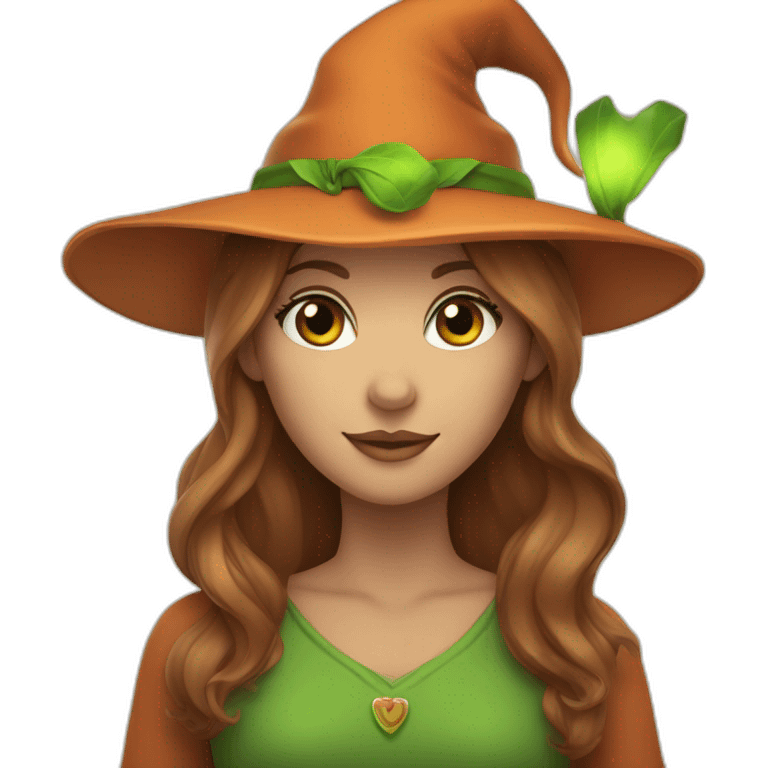 female deer in orange witch hat with green eyes and brown hair emoji