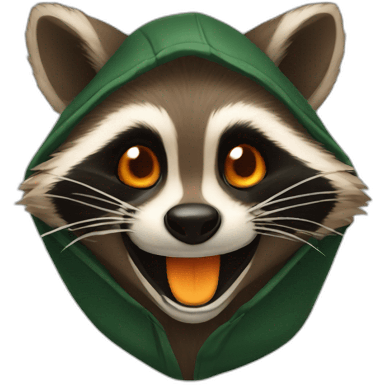 brown raccoon with orange eyes and a dark green hood that is laughing emoji