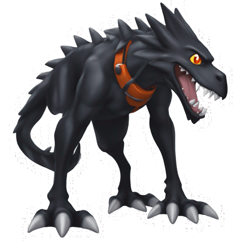 Black, Cool, Edgy, Nargacuga-Garchomp-Houndoom-Sergal Fakémon-Digimon with sharp markings,  full body emoji