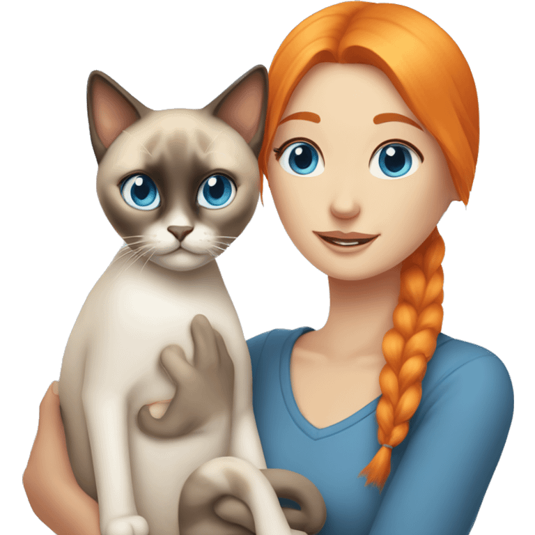 Girl with orange hair and blue eyes hugs Siamese cat with blue eyes emoji