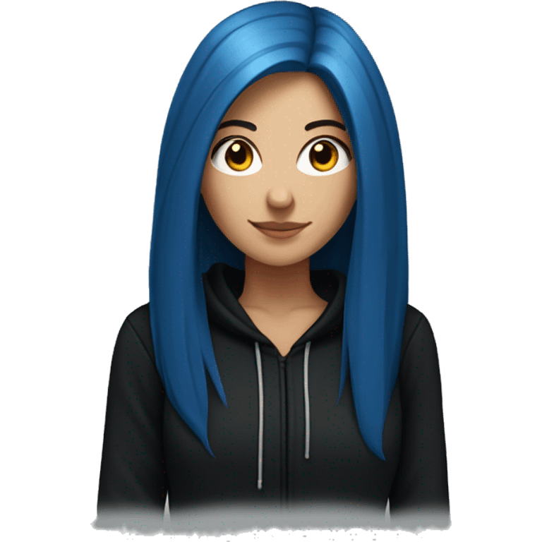 white girl with long straight dark blue hair wearing black hoodie emoji