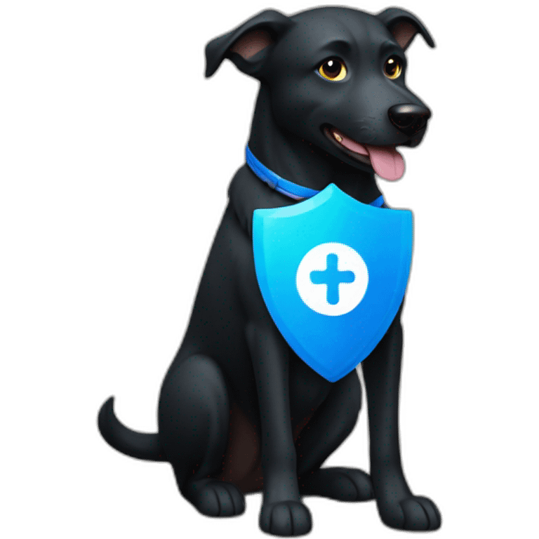 Black Dog holding a blue shield with a check mark on it emoji