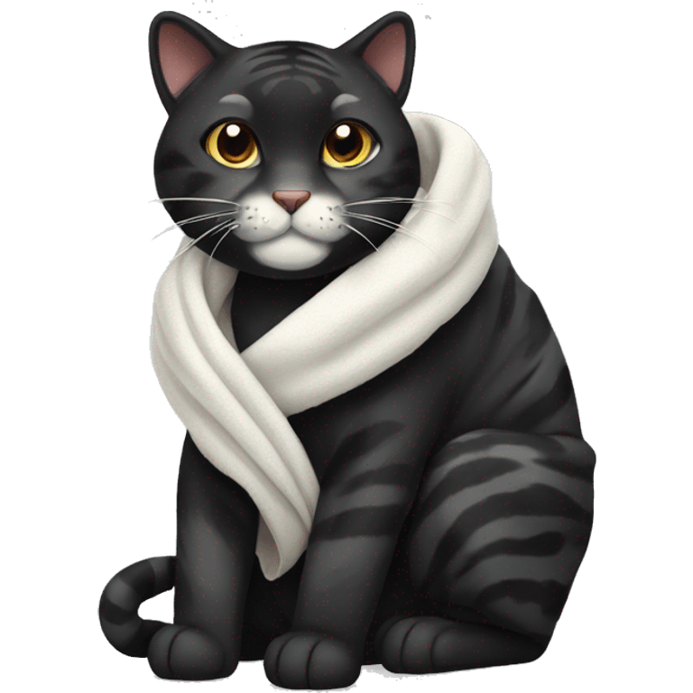 Black tiger cat with white mouth, white neck, with a cozy blanket emoji