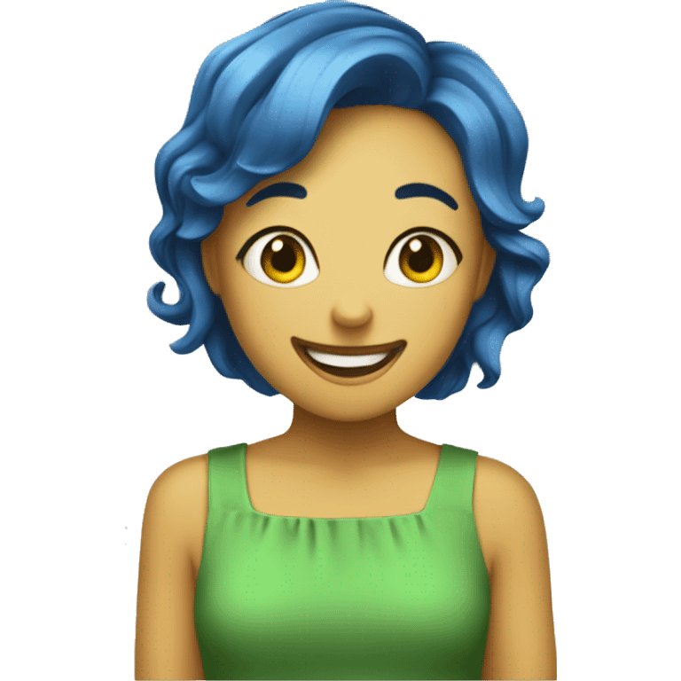 yellow girl with a very short blue pixie cut who is very happy and a green dress emoji