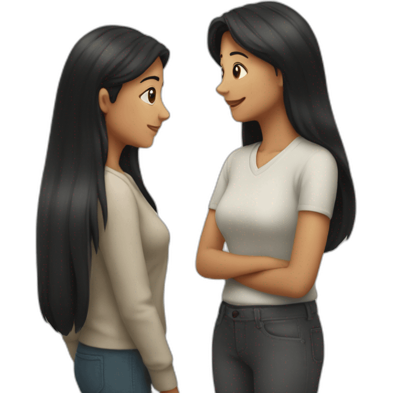 2 women standing talking, an older one receiving advice from a younger one with black long hair emoji