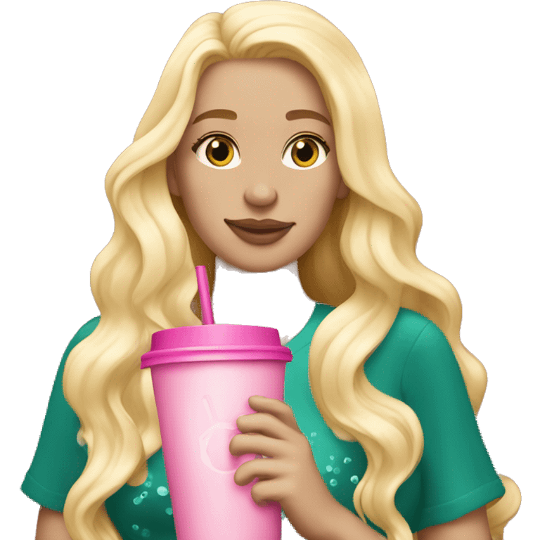 blonde mermaid drinking pink starbucks wearing a pink bow in long wavy blonde hair emoji