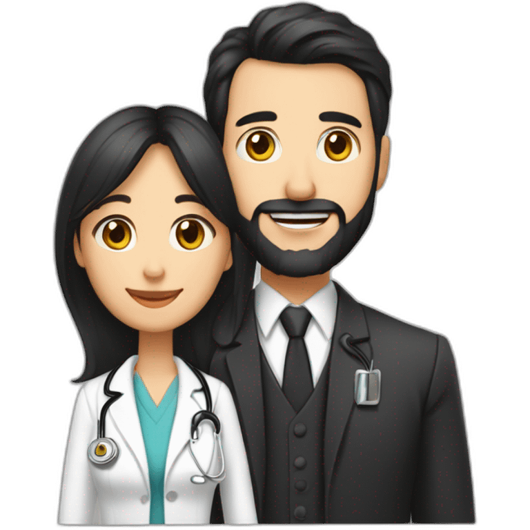 husband american 55 dark hair trimmed beard business suit pastor holding bible, wife asian age 55 black shoulder length hair wearing nurse, no children emoji