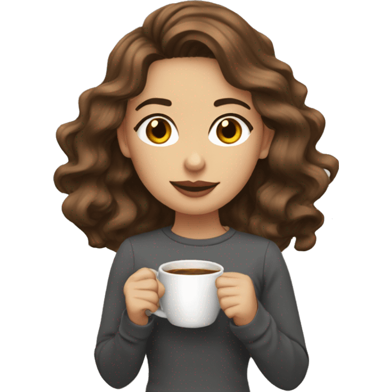 Brown hair, long, wavy girl, sipping coffee ￼ emoji