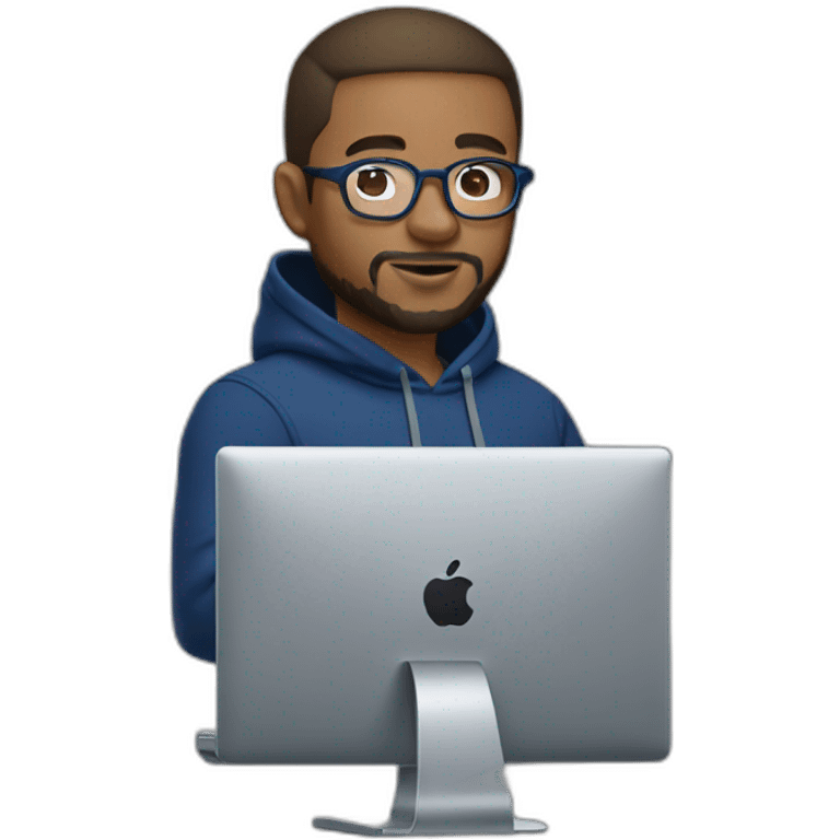 Brown short hair white man with a beard and round glasses typing on apple computer wearing a dark blue nike hoodie emoji