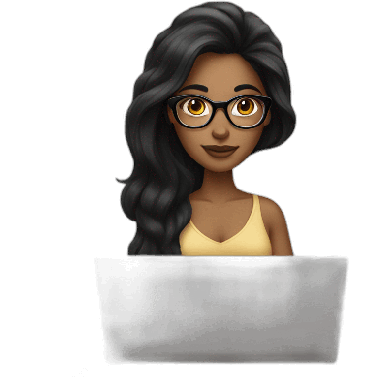 woman tan skin long black hair square glasses on laptop emoji