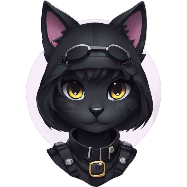 Gorgeous furry dark techwear anime style anthro black cat furry sona Fakemon aesthetic and pretty edgy black with collar and harness trending style emoji